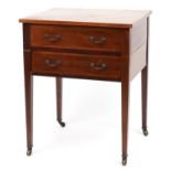 Jas Shoolbred & Co, Edwardian inlaid mahogany two drawer side table on tapering legs, 76cm H x