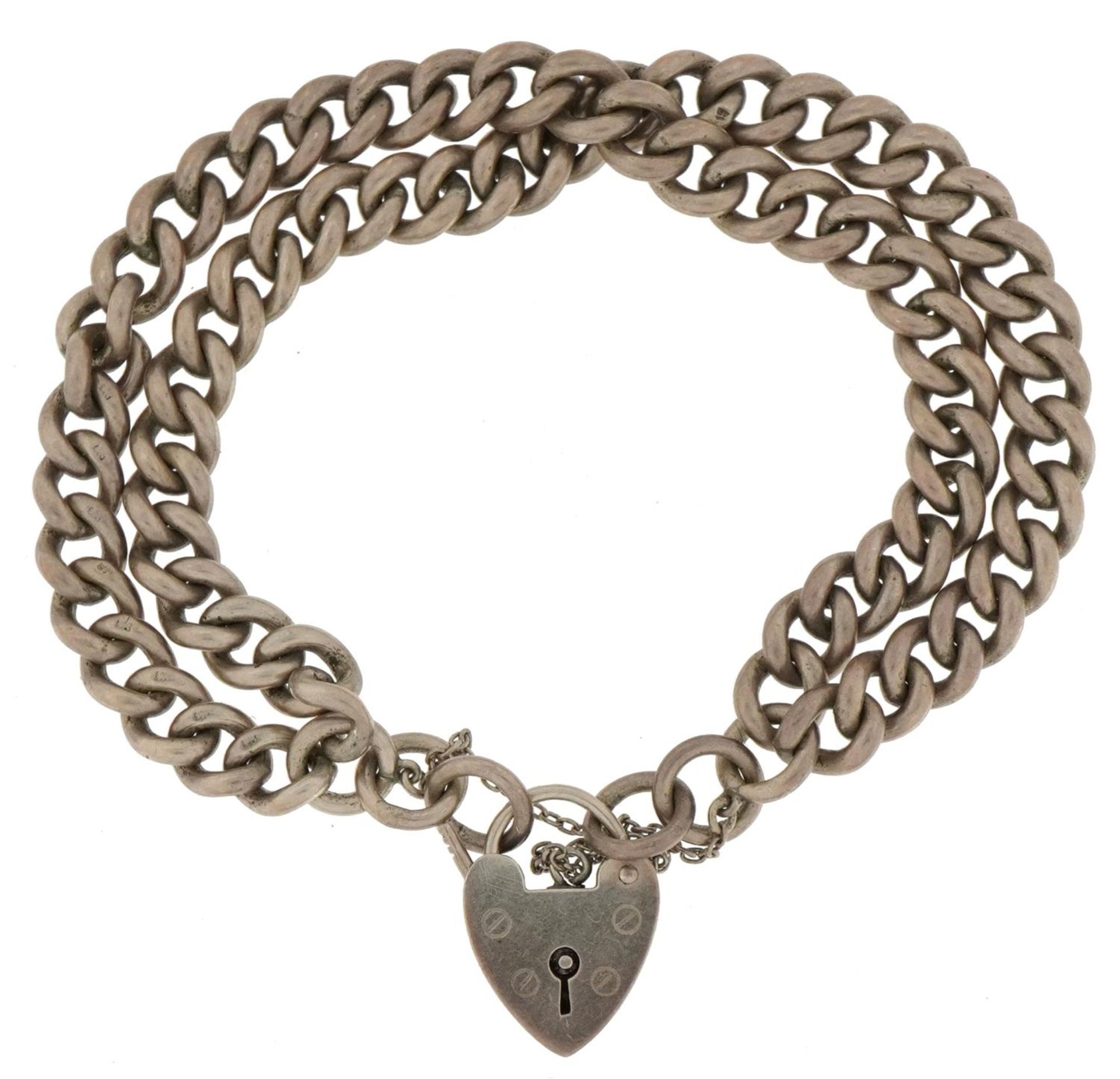 Silver two row curb link bracelet with love heart padlock and safety chain, 45.3g : For further