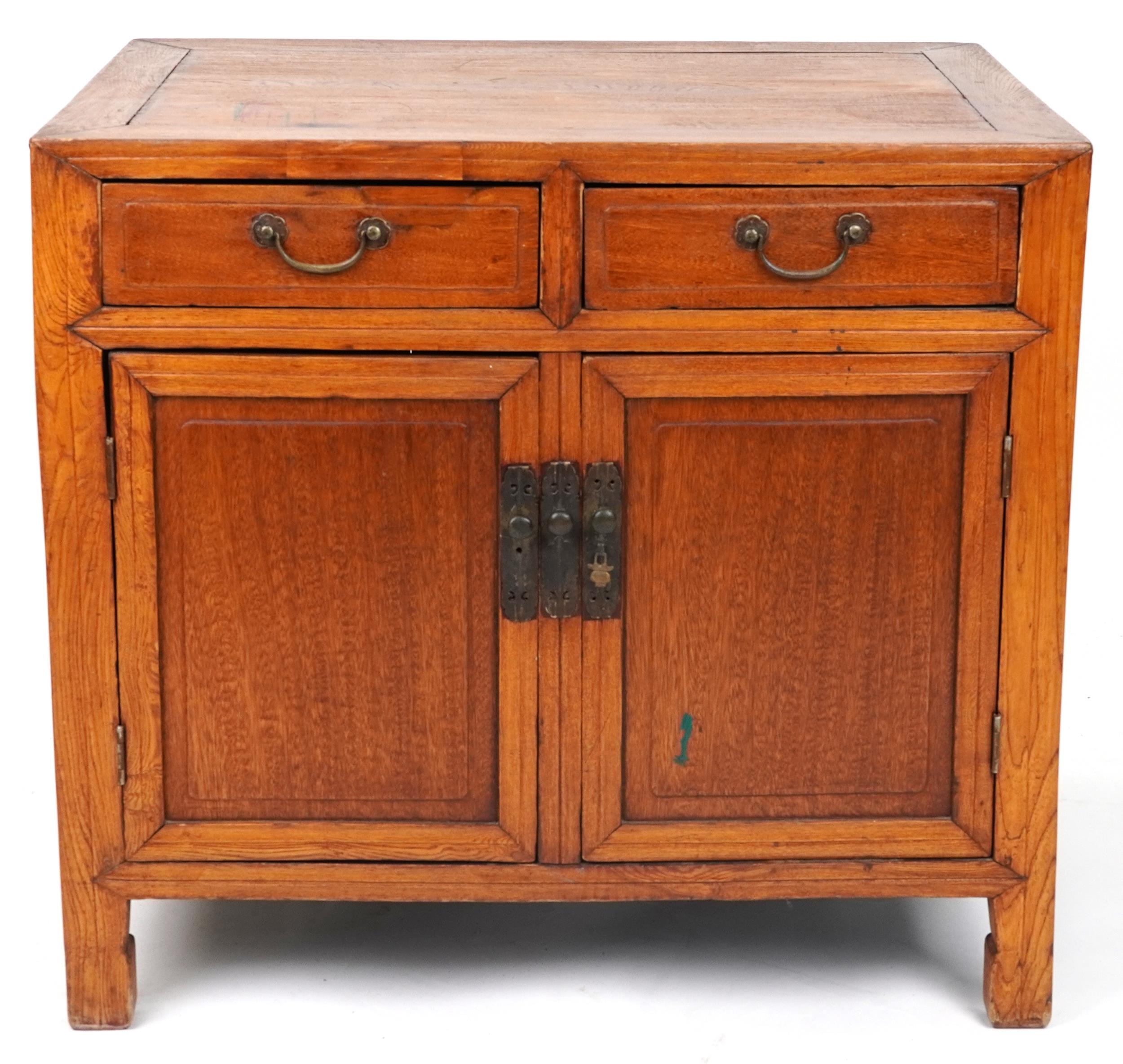 Chinese hardwood side cabinet fitted with two drawers above two cupboard doors, 78.5cm H x 86.5cm - Image 2 of 5