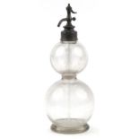 French double gourd glass soda syphon with pewter mount, impressed Veritable Selizogene D Fevre