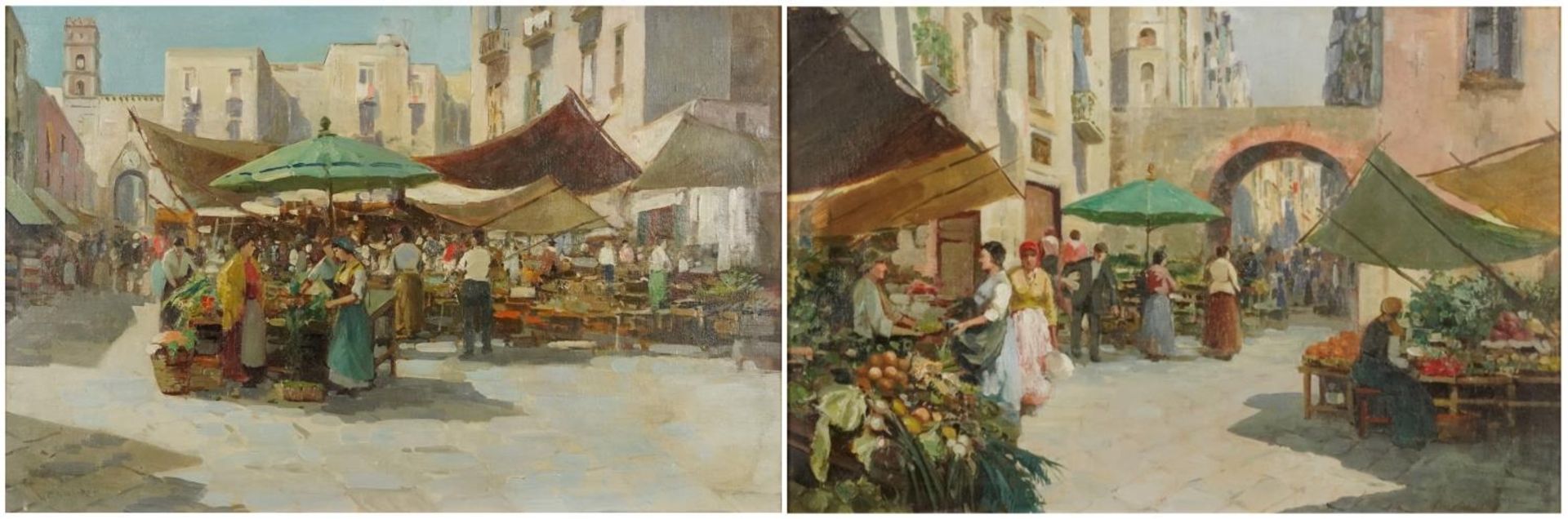 Continental market scenes before buildings, pair of oil on canvasses, one indistinctly signed,
