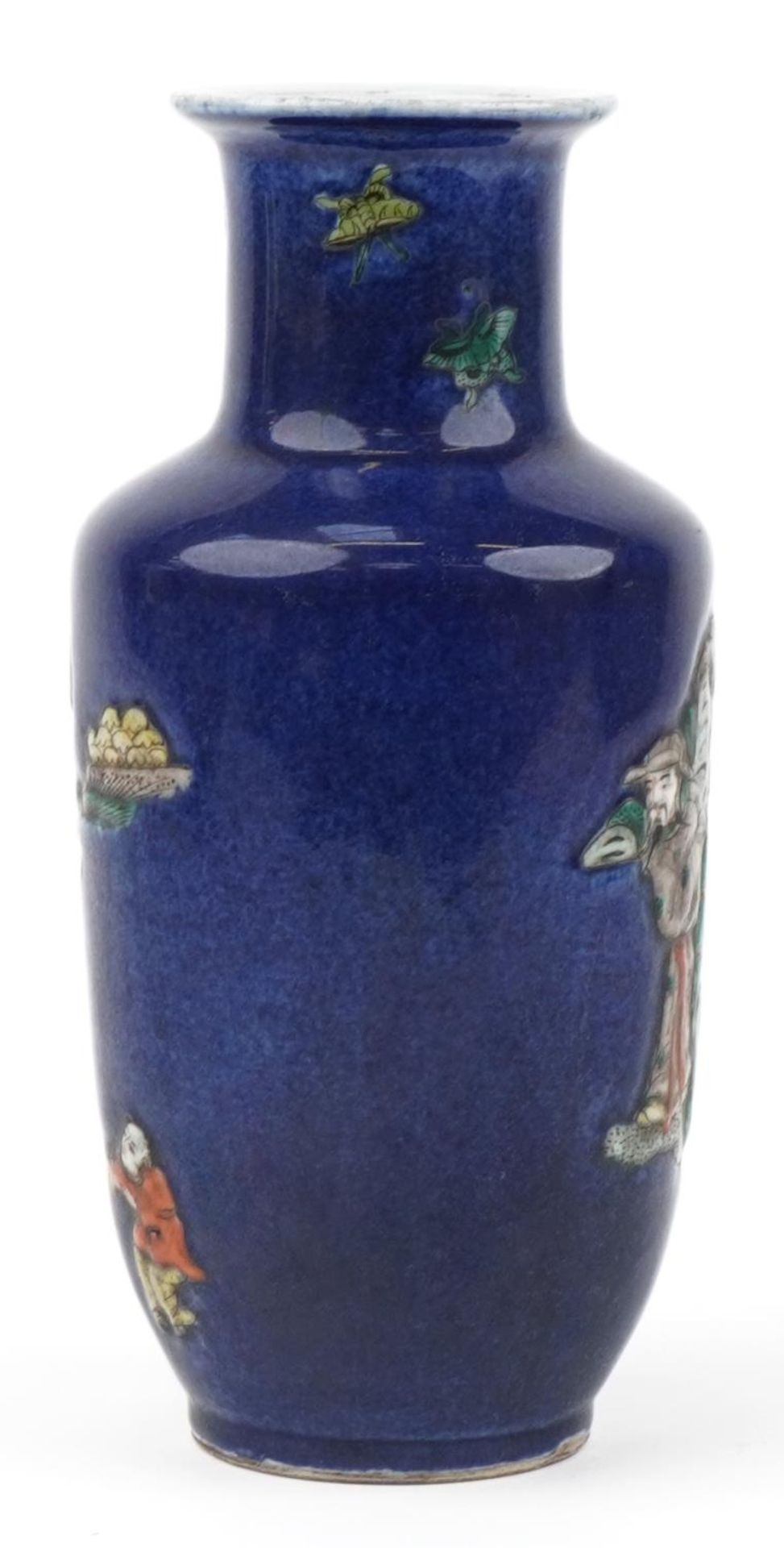 Chinese powder blue ground porcelain Rouleau vase hand painted in the famille verte palette with - Image 3 of 6
