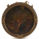 Circular miniature of three figures haymaking with dog, housed in a gilt frame, 8.5cm in diameter