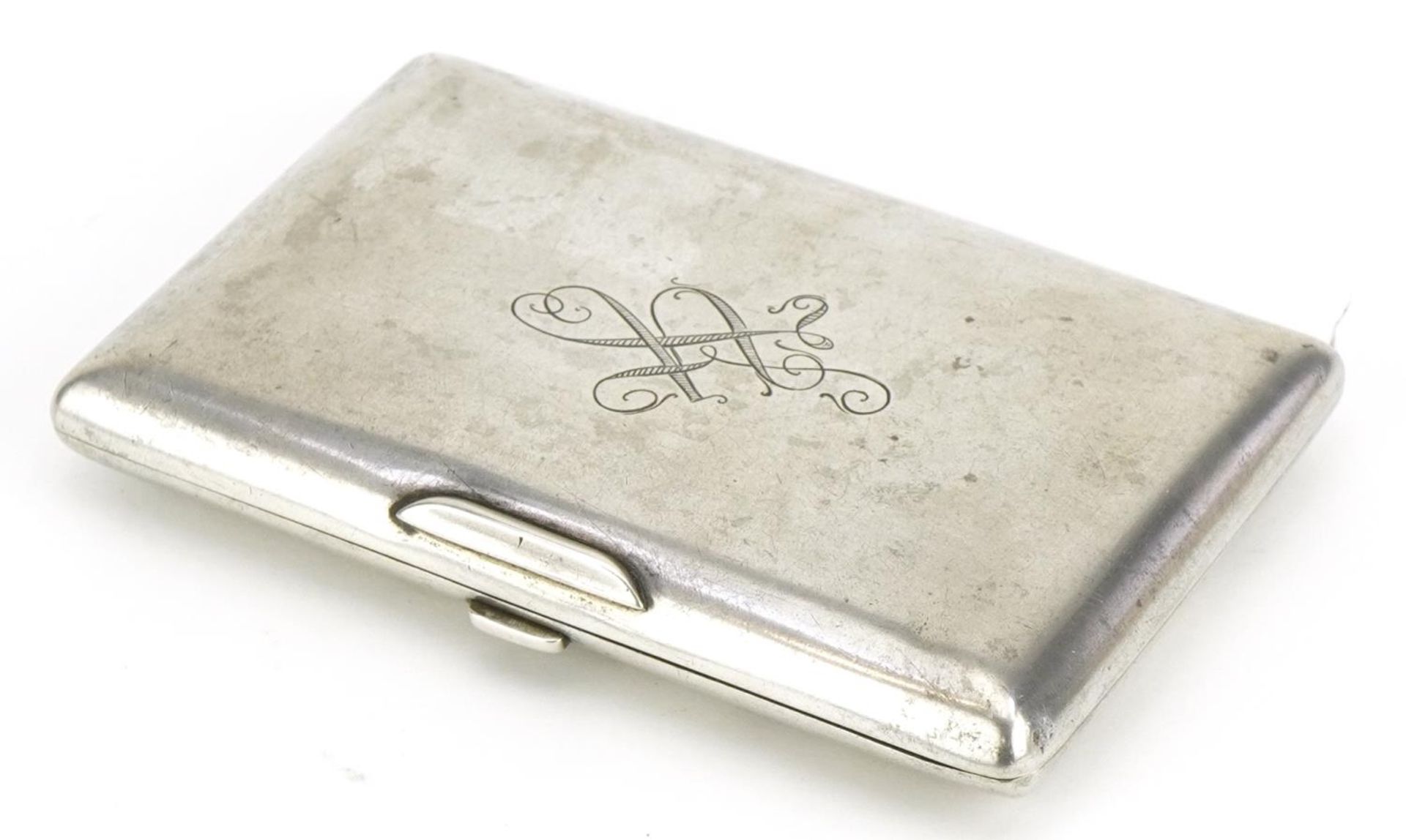 Rectangular silver cigarette case, impressed Russian marks to the interior, 12cm wide, 179.8g :