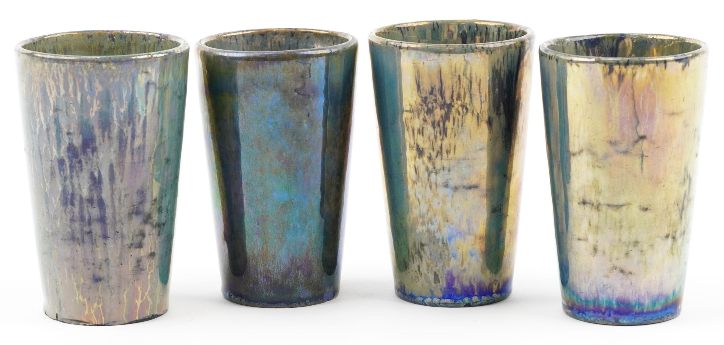 Alphonse Cytere-Rambervillers, set of four French pottery beakers having iridescent green and blue - Image 2 of 4