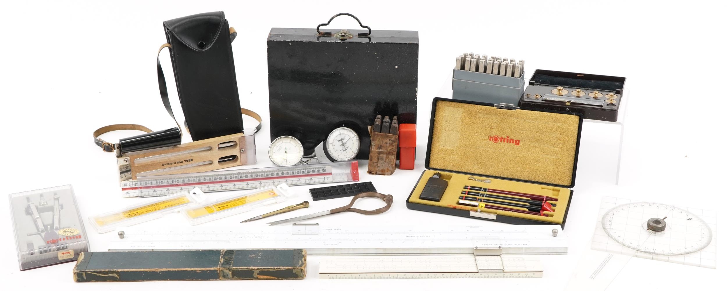 Predominantly technical drawing sundry items including Rotring Isograph set and Modelmark steel hand