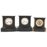 Three Victorian black slate mantle clocks including one with marble hand painted with flowers having
