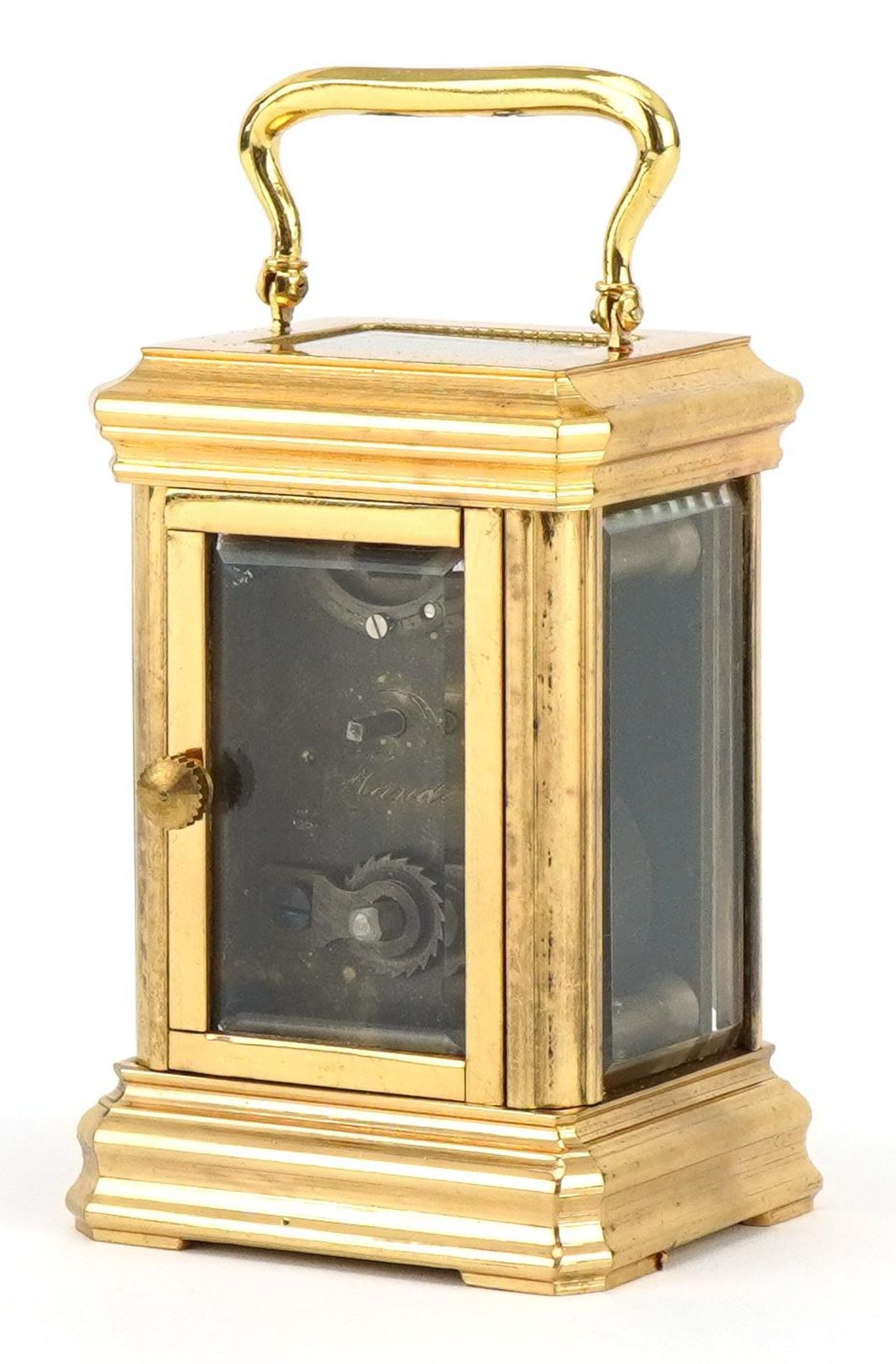 Miniature brass carriage clock with enamelled dial having Roman numerals, 9.5cm high : For further - Image 2 of 4