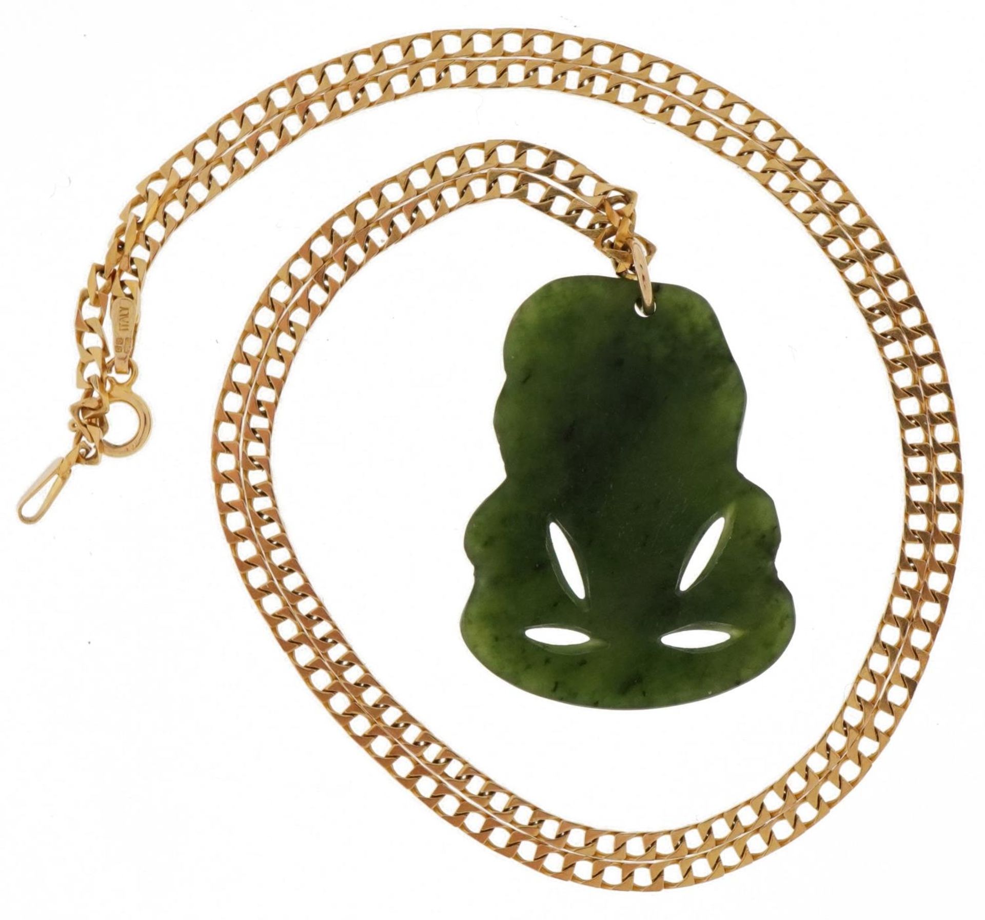 Carved spinach jade tiki pendant on 9ct gold curb link necklace, 3.0cm high and 45.5cm in length, - Image 3 of 5