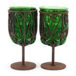 Pair of Gothic style metal goblets with green glass liners, each 18cm high : For further information