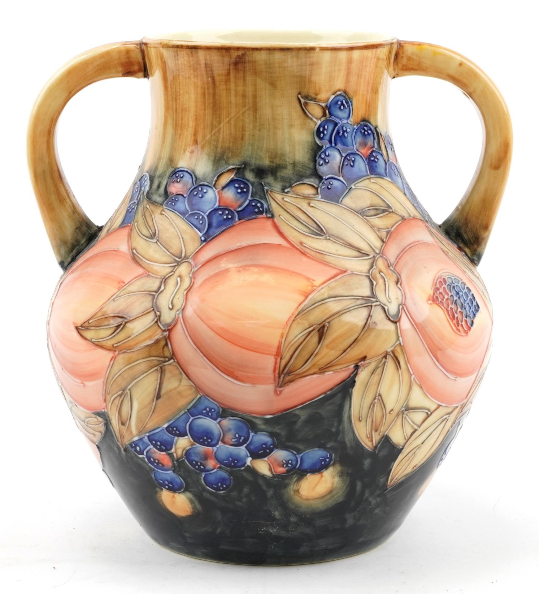 Large Moorcroft style pottery vase with twin handles hand painted and decorated with pomegranate and - Image 2 of 3