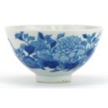 Chinese or Japanese blue and white porcelain bowl hand painted with fruit and flowers, six figure