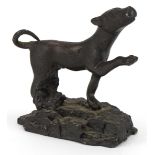 Antique patinated bronze dog on later base, possibly Roman, 5.5cm in length : For further