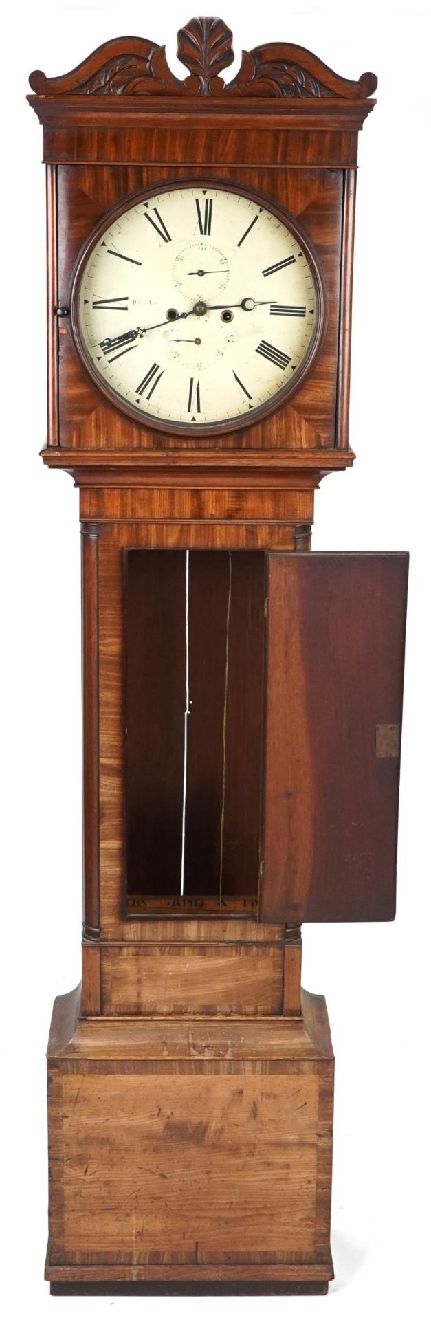 Antique mahogany grandfather clock with painted dial having Roman numerals and two subsidiary dials, - Image 2 of 4