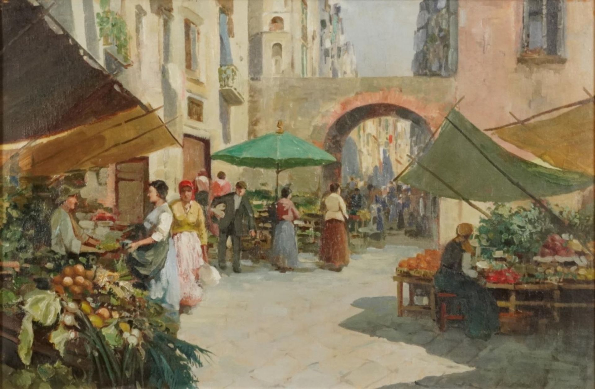 Continental market scenes before buildings, pair of oil on canvasses, one indistinctly signed, - Image 2 of 9
