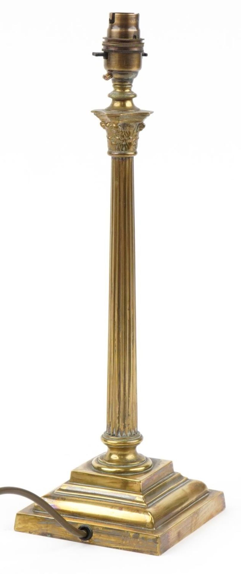 19th century brass table lamp with reeded column on stepped square base, 41cm high : For further - Image 2 of 3