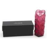 Lalique, French partially frosted Amour heart pink glass vase with box etched Lalique France, 16cm