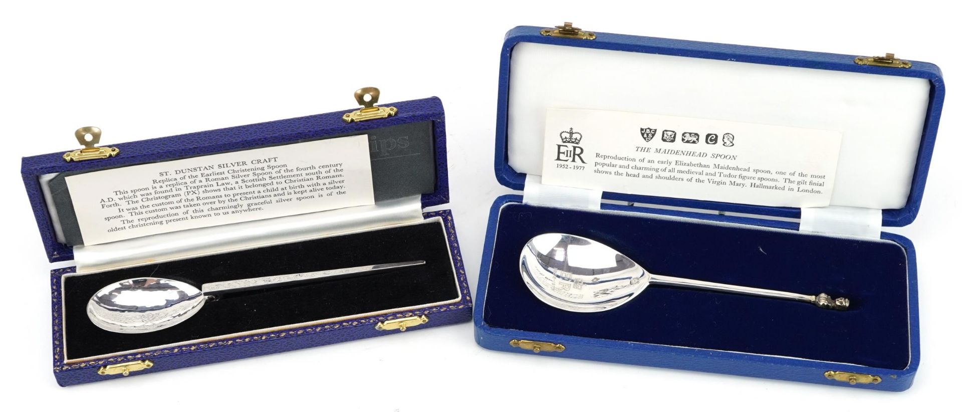 Two replica silver spoons, including one by A E Jones, with fitted cases and certificates, the