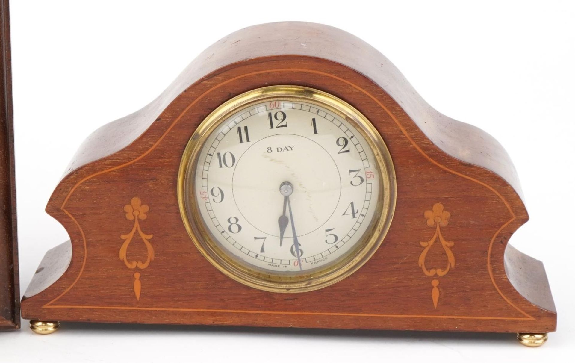 Edwardian inlaid mahogany eight day mantle clock and an oak backed weather station with clock and - Image 3 of 6