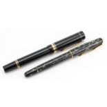 Two Parker pens comprising a marbleised Sonnet and a black fountain pen with 18ct gold nib, possibly