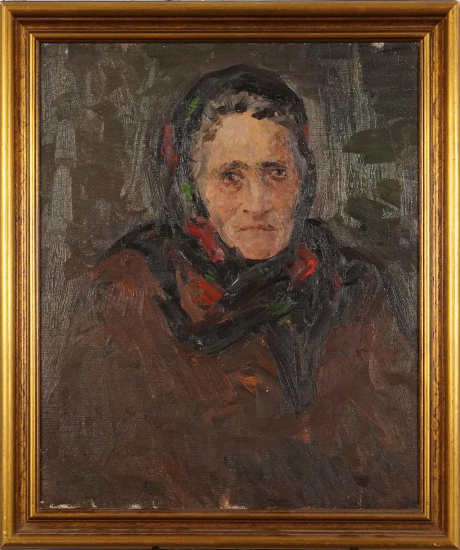 Edvard Sasun - Portrait of a female wearing a headscarf, Armenian oil on canvas, partial label and - Image 2 of 6