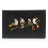 Italian pietra dura slate panel inlaid with four birds on a branch, 12.5cm x 8cm : For further