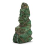 Tribal interest green hardstone figural pendant, probably Mayan or pre Columbian, 4.5cm high : For