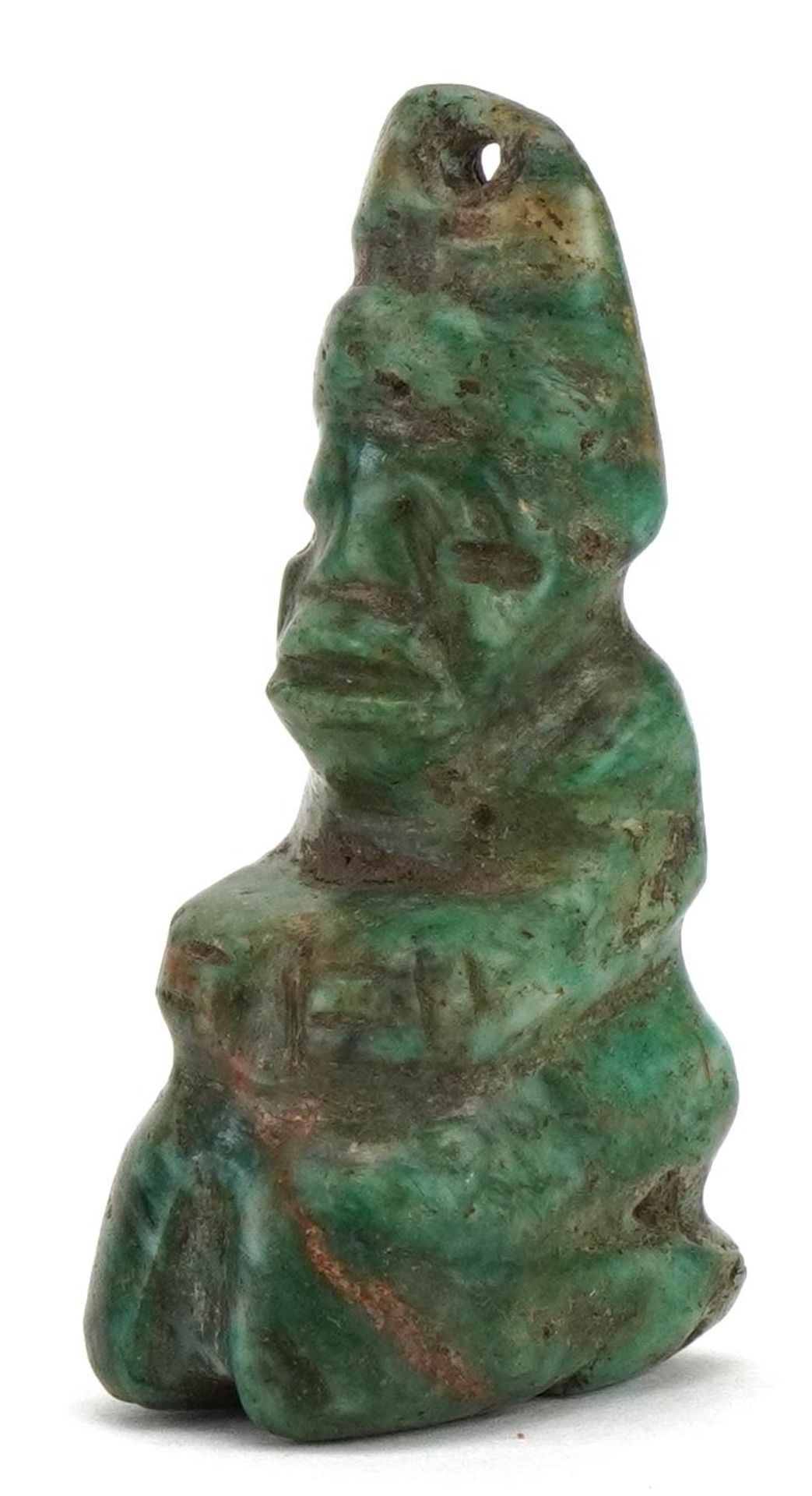 Tribal interest green hardstone figural pendant, probably Mayan or pre Columbian, 4.5cm high : For