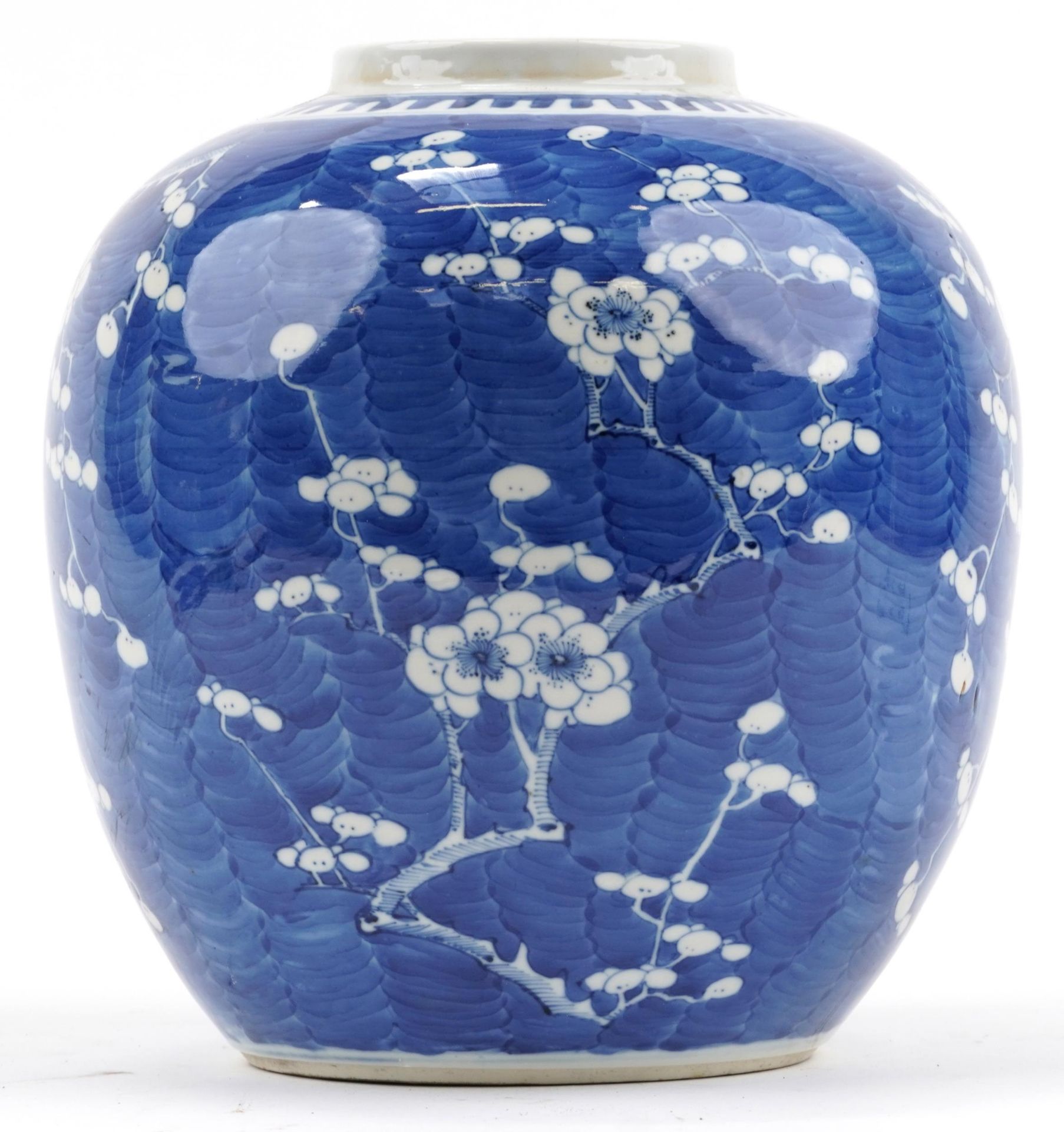 Unusually large Chinese blue and white porcelain ginger jar hand painted with prunus flowers, four