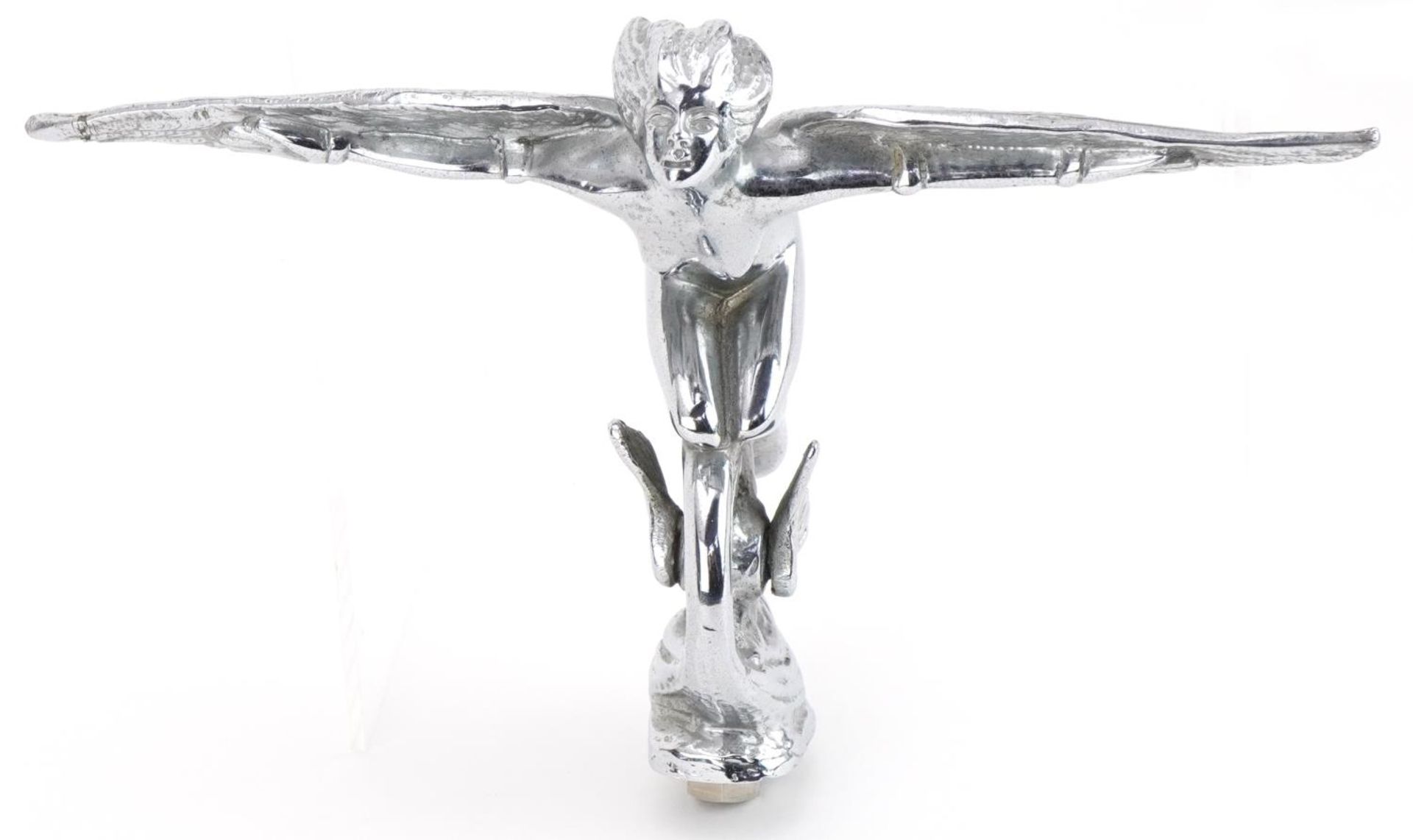 Early 20th century chrome plated car mascot in the form of a winged angel on winged wheel - Image 2 of 4