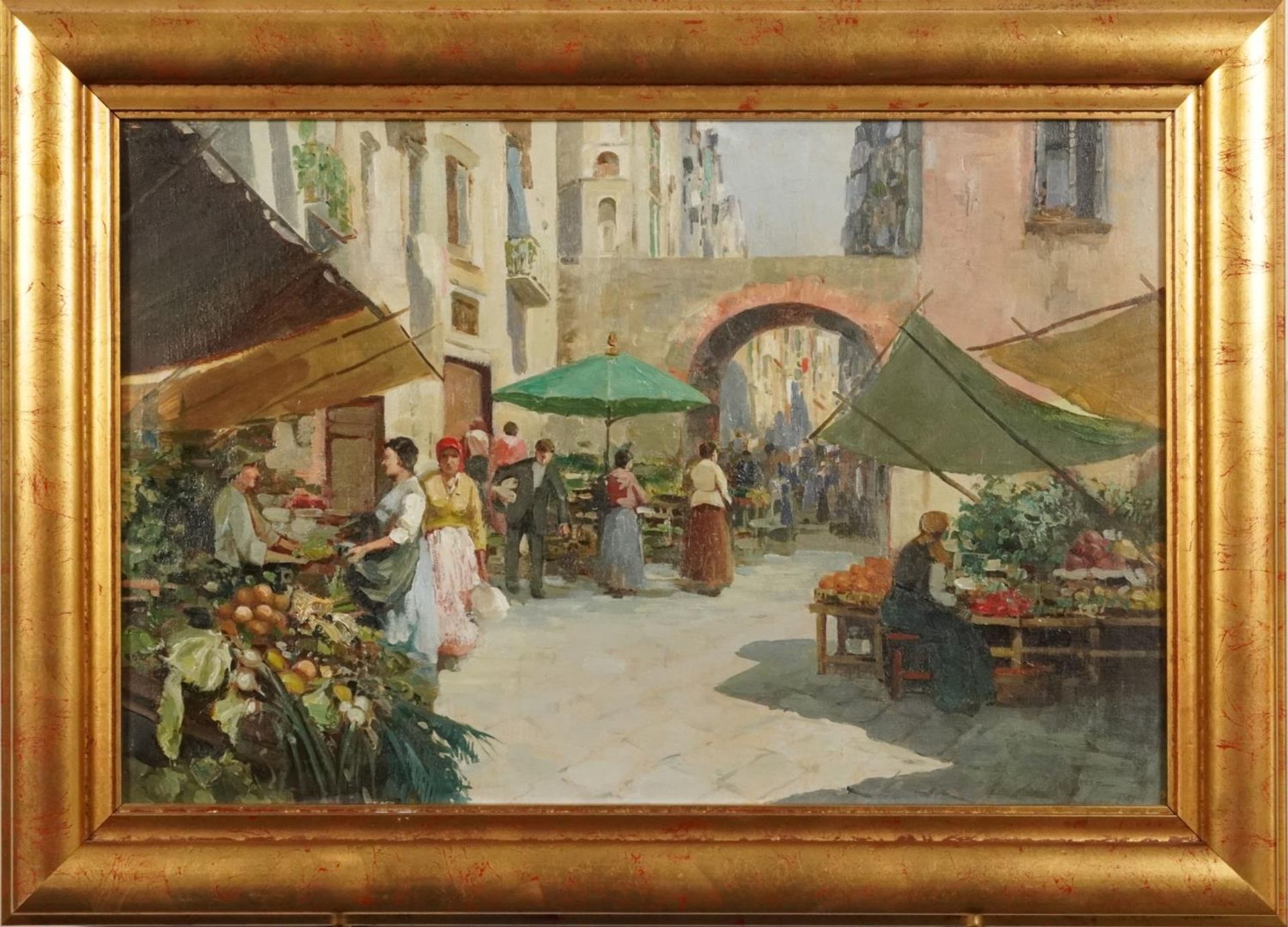 Continental market scenes before buildings, pair of oil on canvasses, one indistinctly signed, - Image 3 of 9