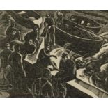 Iain Macnab - Porto Fino Fishermen, wood engraving, various inscriptions verso including The