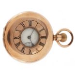 Gentlemen's gold plated half hunter pocket watch with enamelled dial housed in a leather box, the