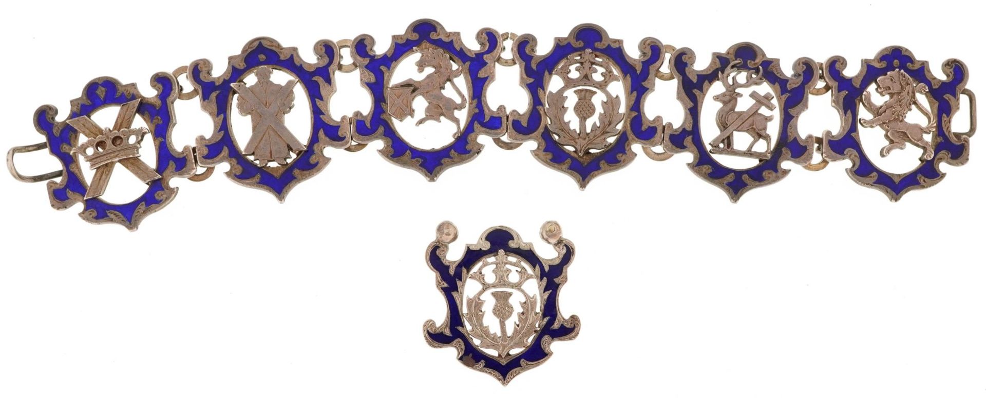 Scottish unmarked silver and blue enamel panelled bracelet decorated with thistle and Scottish Order - Image 2 of 3