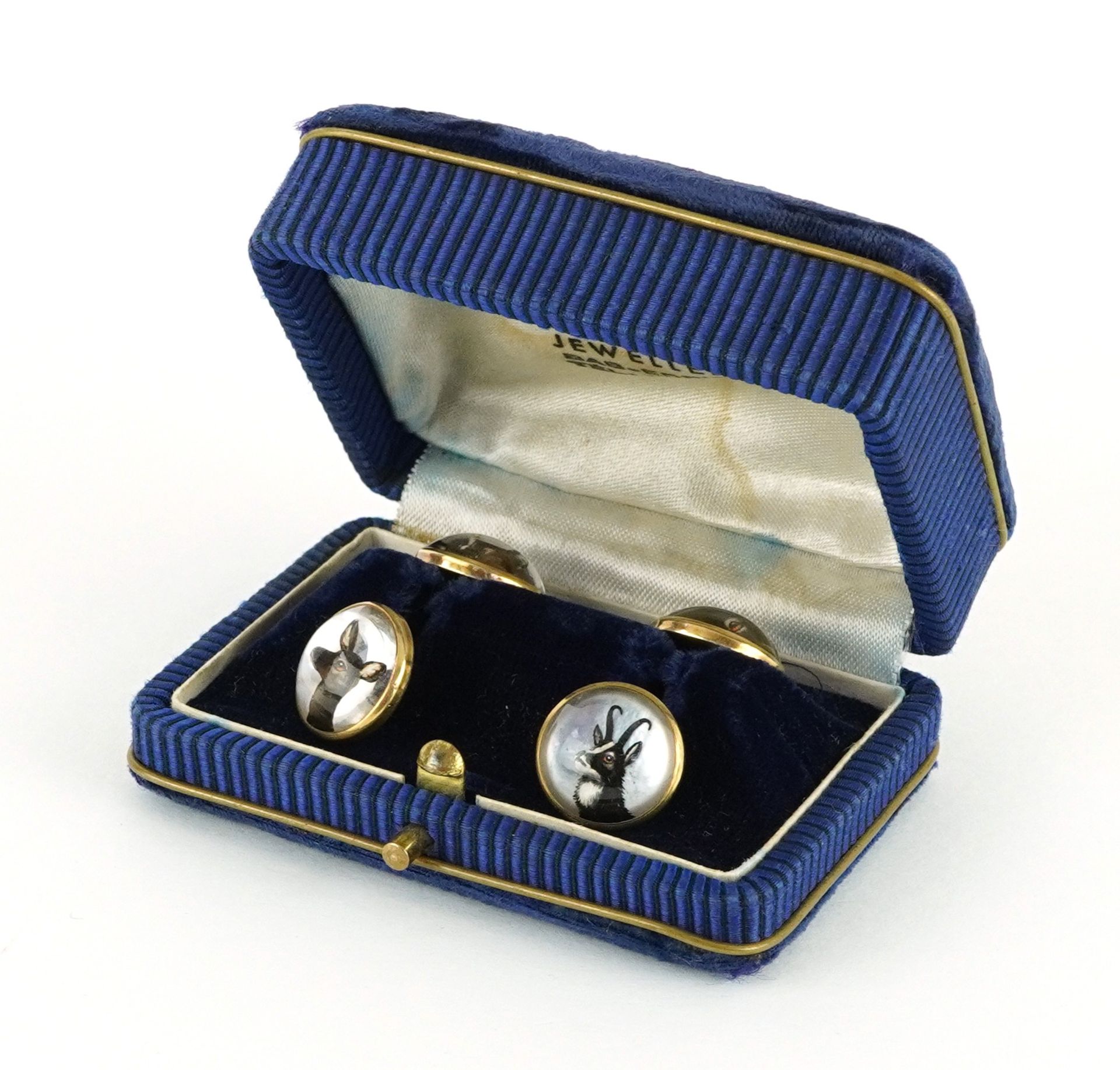 Pair of 14ct gold Essex Crystal deer cufflinks housed in a fitted velvet box, 1.4cm in diameter, - Image 3 of 4
