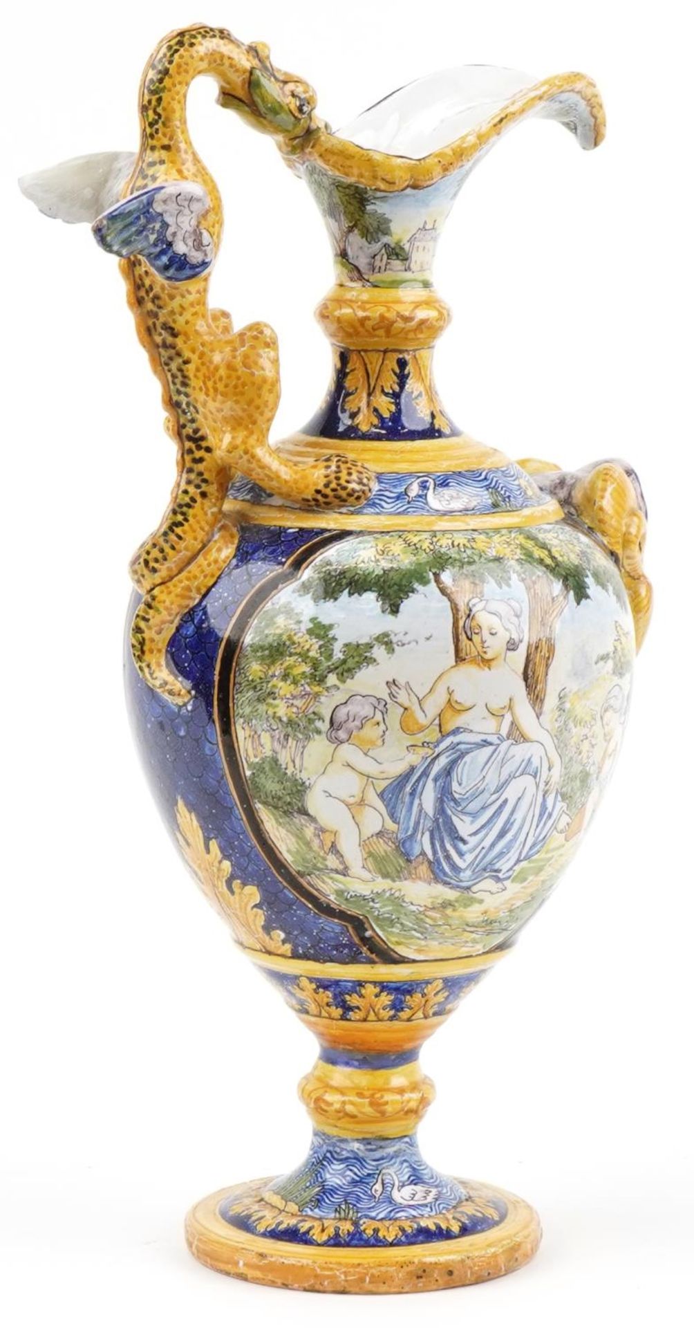 Attributed to Cantagalli, Italian Maiolica ewer with mythical handle and mask, hand painted with - Image 3 of 5