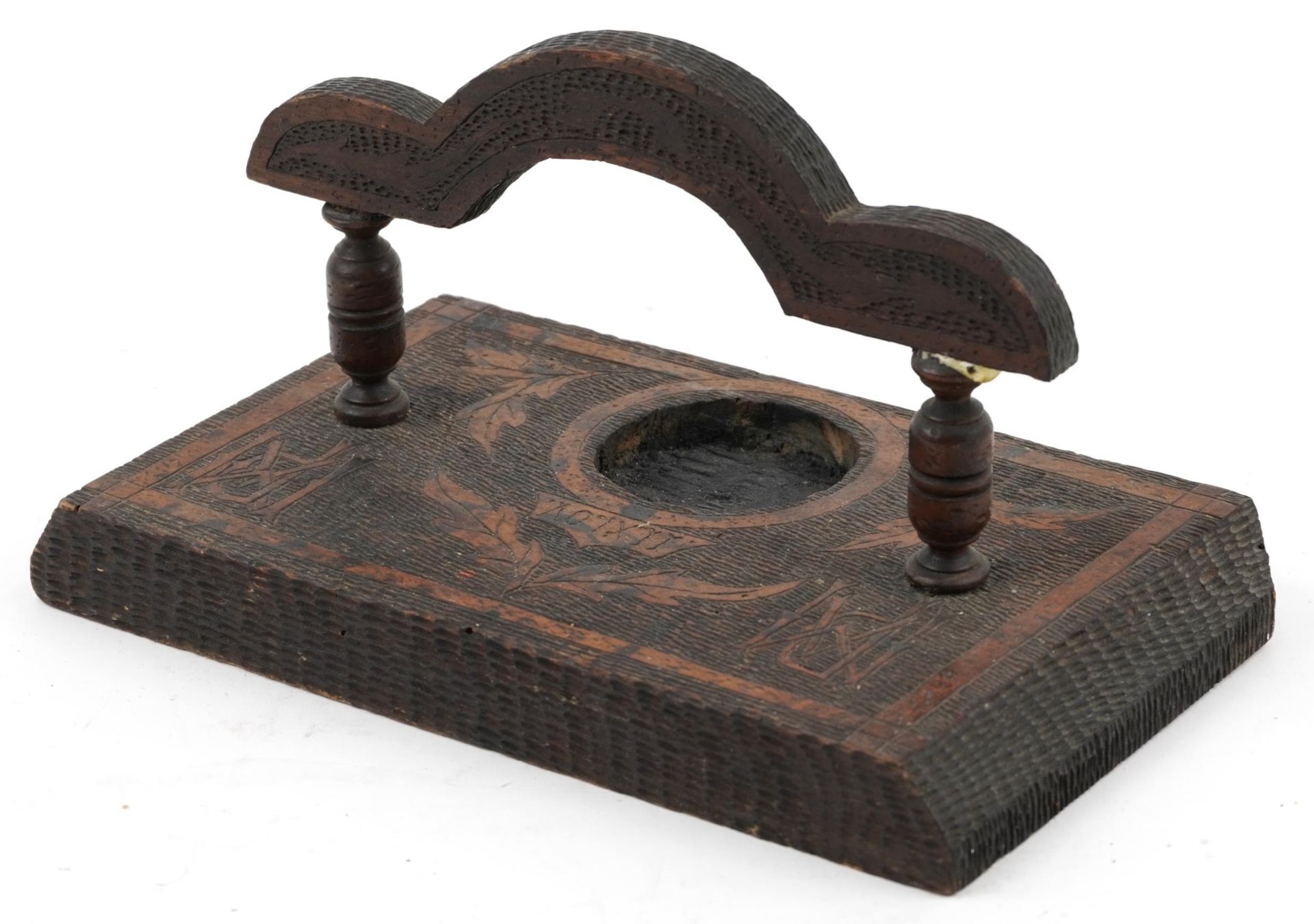 19th century Black Forest desk stand carved with leaves and monograms : For further information on - Image 2 of 3