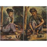 Seated figures and animals, pair of Balinese or Thai oil on canvasses, framed, each 47cm x 31cm