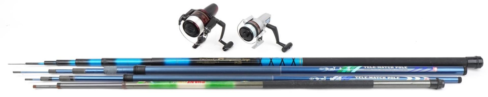 Four fishing poles and two fishing reels including PacHawk Super Whip and Crane Tele-match pole :
