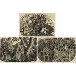 Eric Ravilious - Farmyard landscapes, set of three wood engravings, various inscriptions verso