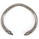 Antique North Indian or Himalayan unmarked silver Makara head bangle, 7.5cm wide, 41.5g : For