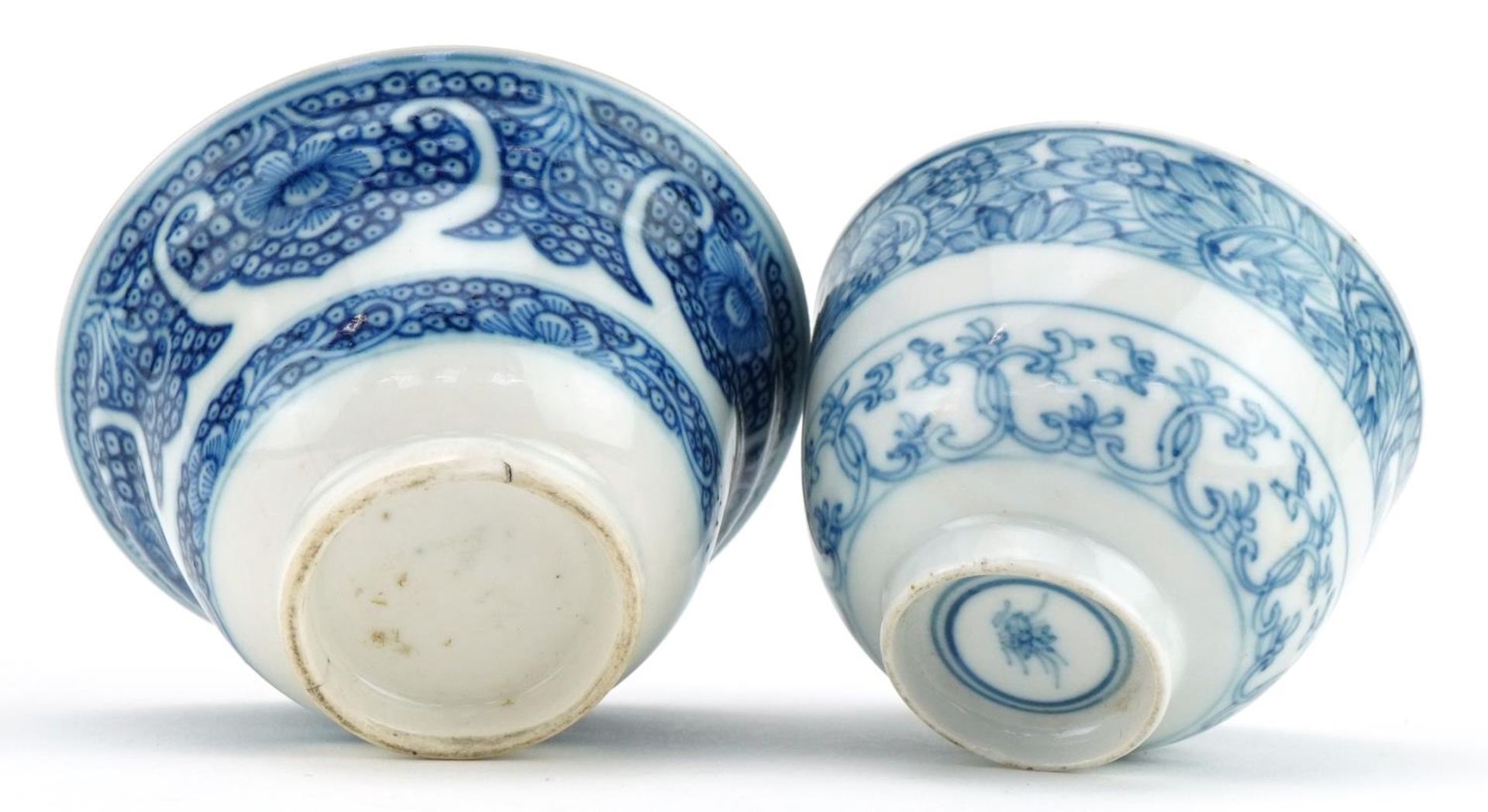 Two Chinese blue and white porcelain bowls, each finely hand painted with flowers, one with Kangxi - Image 6 of 6