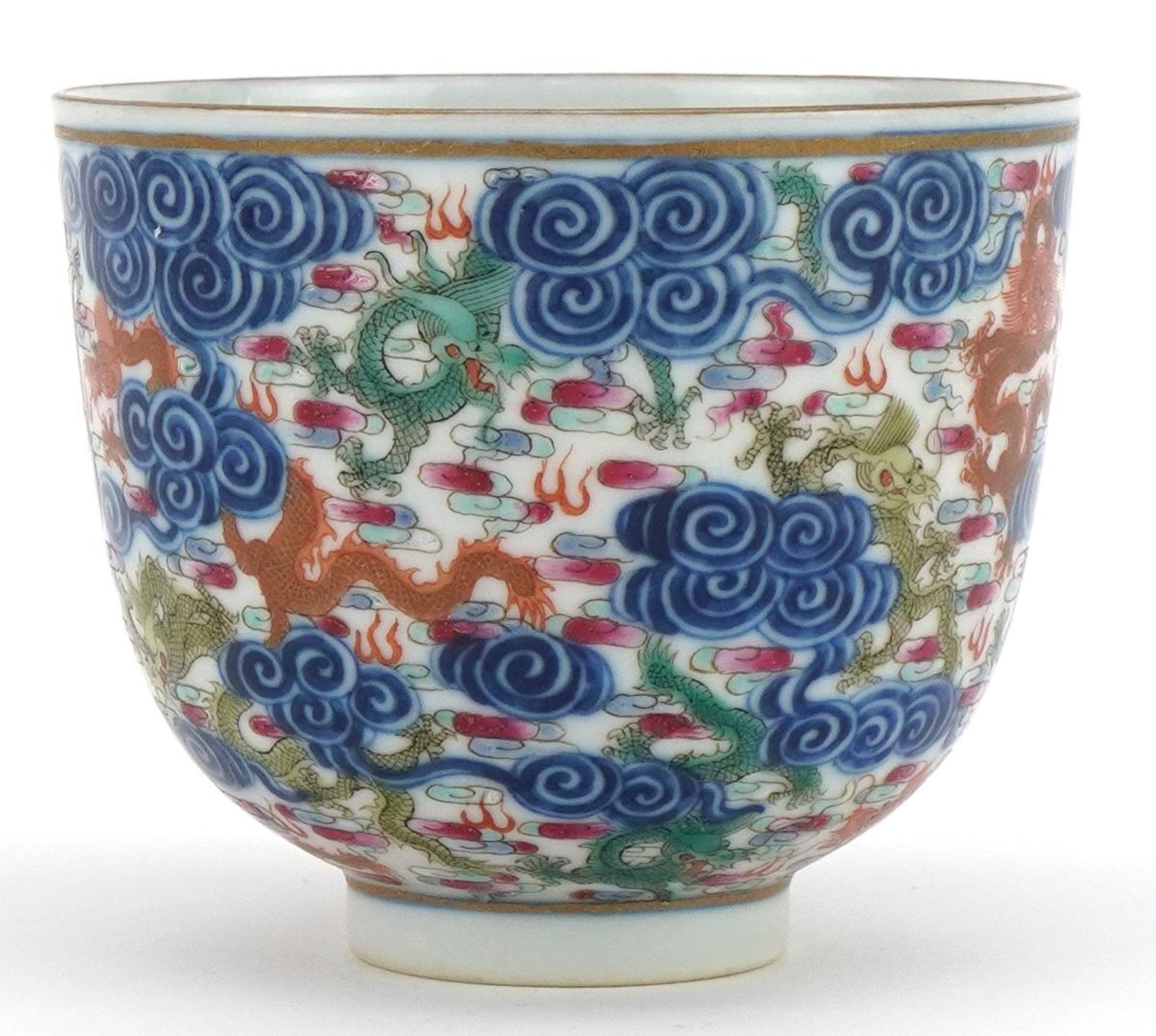 Chinese doucai porcelain tea bowl hand painted with dragons amongst clouds, six figure character - Image 4 of 7