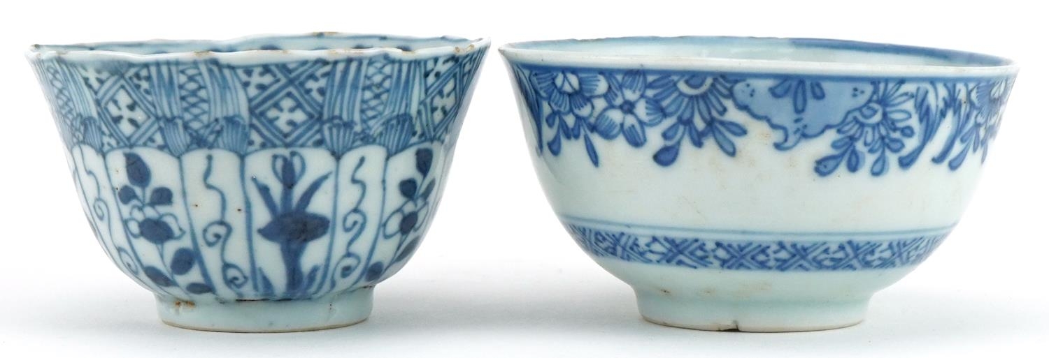 Two Chinese blue and white porcelain tea bowls including one hand painted with panels of flowers and - Image 2 of 6