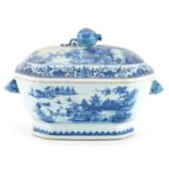 Chinese export blue and white porcelain tureen with twin handles and cover hand painted with a