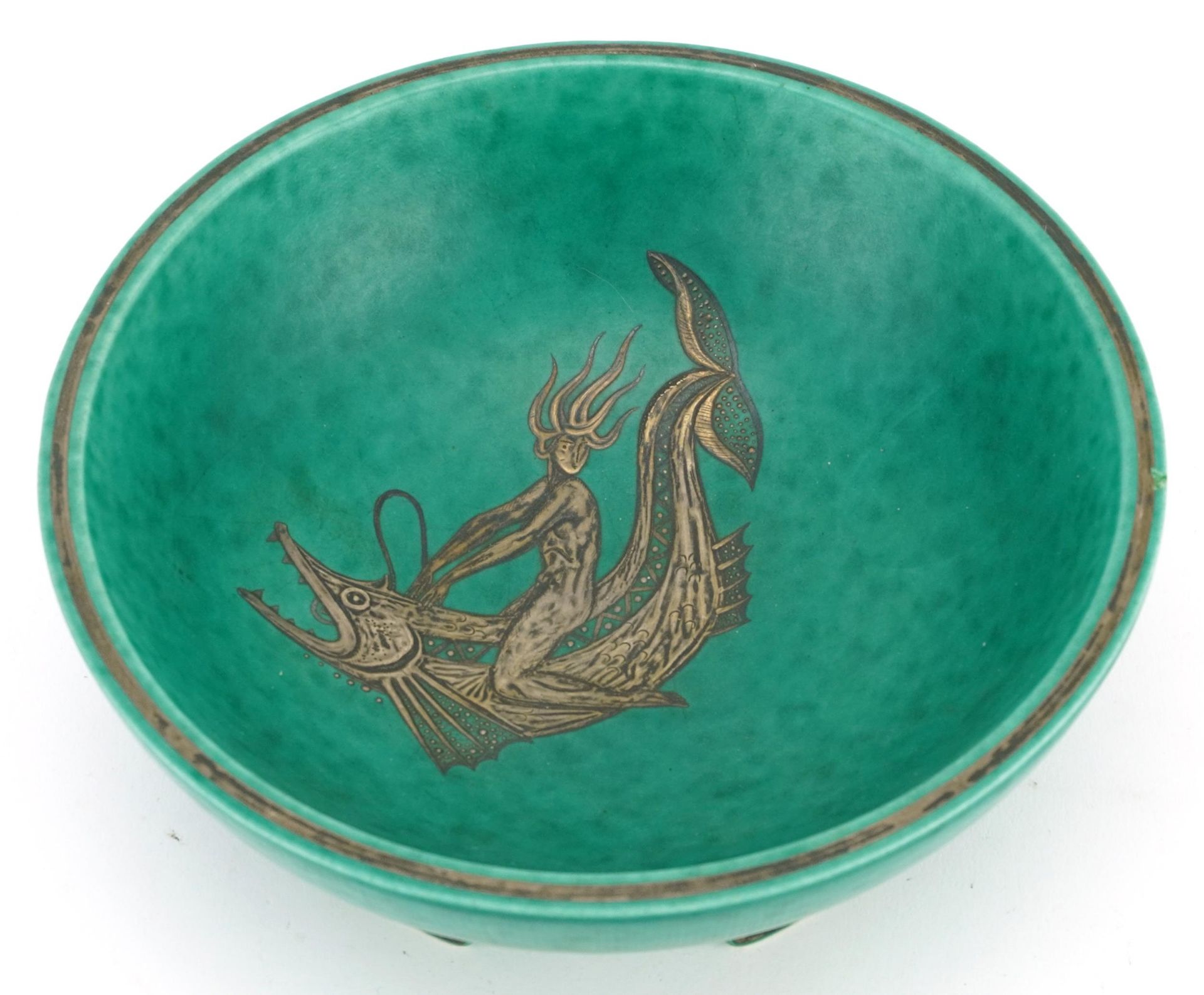 Gustavsberg, mid century Swedish five footed bowl with silver inlay depicting a female riding a - Image 2 of 5