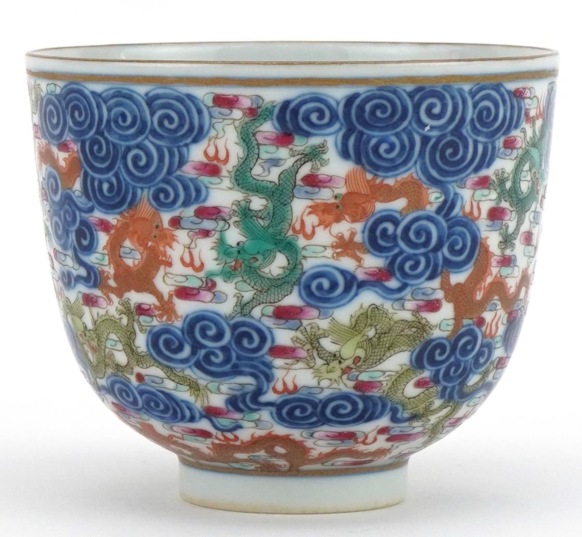 Chinese doucai porcelain tea bowl hand painted with dragons amongst clouds, six figure character - Image 3 of 7