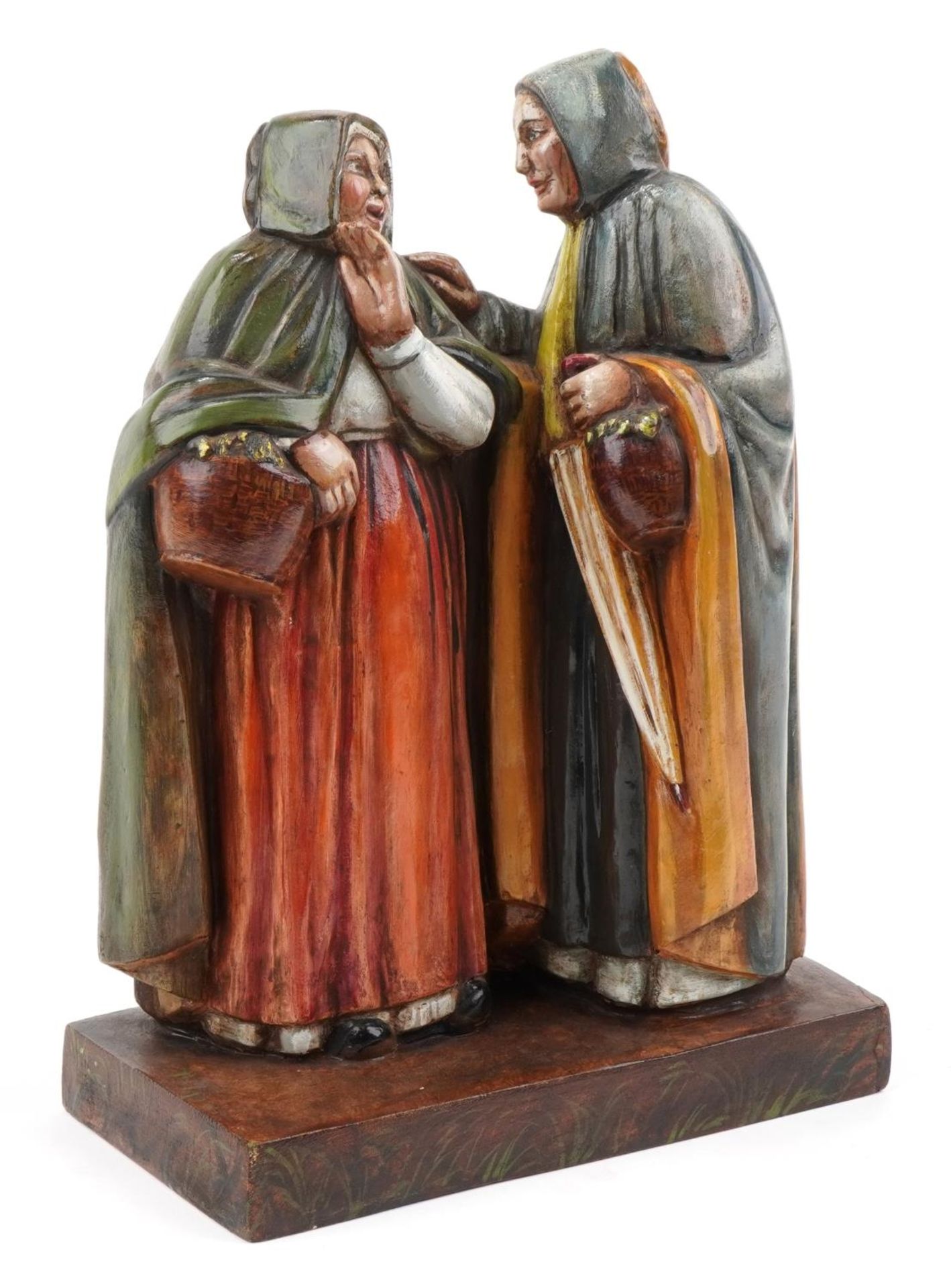 European painted terracotta figure group of two peasants, 49cm high : For further information on