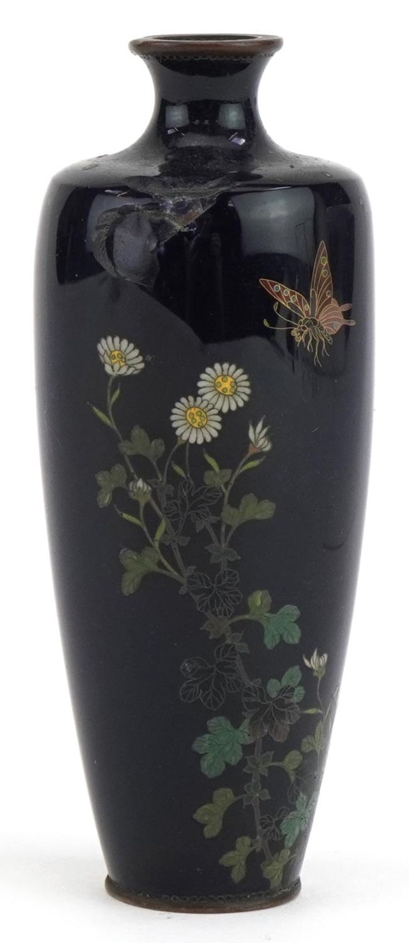 Japanese cloisonne vase enamelled with a butterfly amongst flowers, impressed marks and engraved