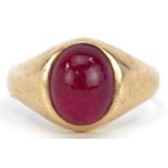 Unmarked gold cabochon ruby ring, the ruby approximately 9.5mm x 7.6mm, size O, 4.3g : For further